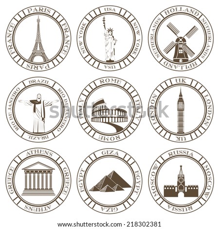 Stickers and icons of travel. Vector illustration isolated famous scenic attractions and places of the world.