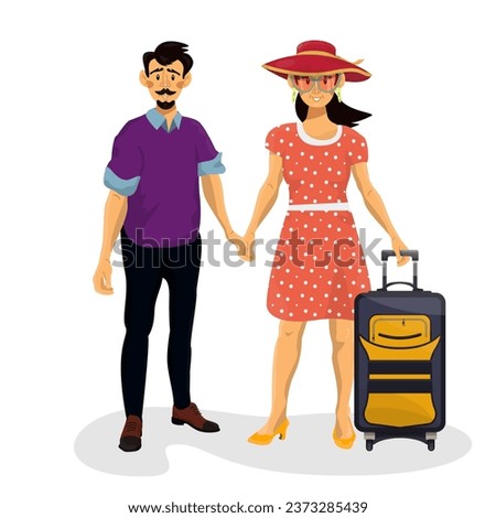 Vector cartoon illustration of husband and wife holding hands and going to vacation on a white isolated background. Boyfriend and girlfriend. Adult couple spend time together.