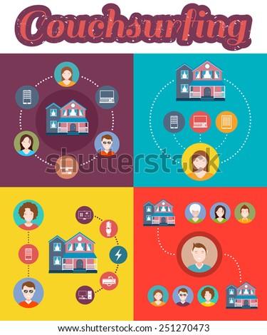 Business concept flat icons set of travel, couchsurfing, recreation infographic design elements vector illustration