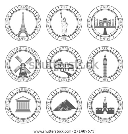 Stickers and icons of travel. Vector illustration isolated famous scenic attractions and places of world.