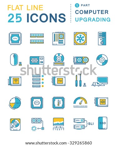 Set vector line icons in flat design upgrading computer and hardware, overclocking, cooling, test cpu and gpu with elements for mobile concepts and web apps. Collection modern infographic pictogram