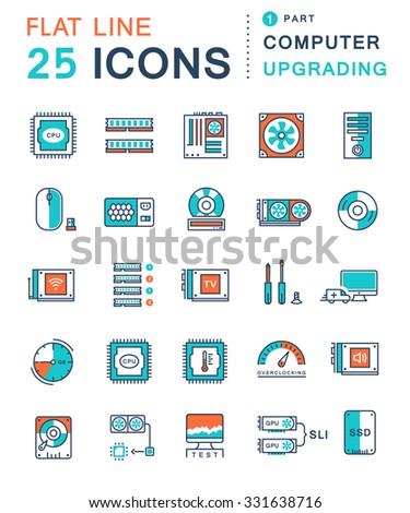 Set vector line icons in flat design upgrading computer and hardware, overclocking, cooling, test cpu with elements for mobile concepts and web apps. Collection modern infographic logo and pictogram