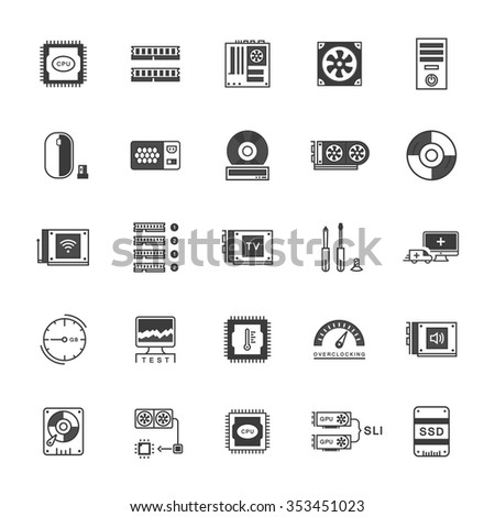 Set vector line icons upgrading computer and hardware, overclocking, cooling, test cpu and gpu with elements for mobile concepts and web apps. Collection modern infographic logo and pictogram