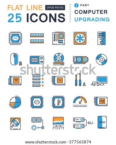 Set vector line icons with open path upgrading computer and hardware, overclocking, cooling, test cpu and gpu with elements for mobile concepts and web apps. Collection modern infographic logo