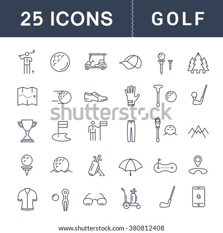 Set vector line icons with open path game golf and golf equipments with elements for mobile concepts and web apps. Collection modern infographic logo and pictogram.