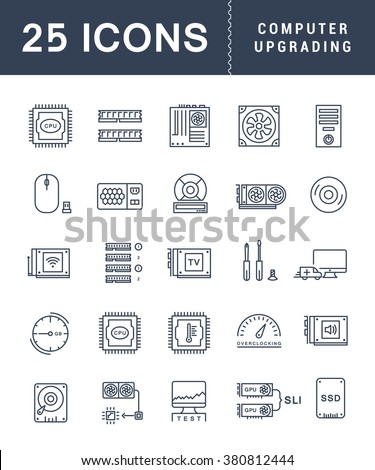 Set vector line icons with open path upgrading computer and hardware, overclocking, cooling, test cpu and gpu with elements for mobile concepts and web apps. Collection modern infographic logo