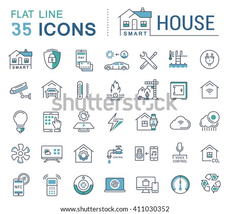 Set vector line icons in flat design smart home, smart systems and technology with elements for mobile concepts and web apps. Collection modern infographic logo and pictogram.