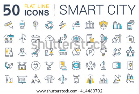 Set vector line icons in flat design smart city and technology with elements for mobile concepts and web apps. Collection modern infographic logo and pictogram.