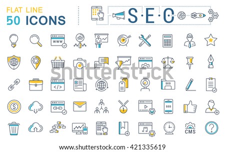 Set vector line icons in flat design with elements SEO and web design for mobile concepts and web apps. Collection modern infographic logo and pictogram.