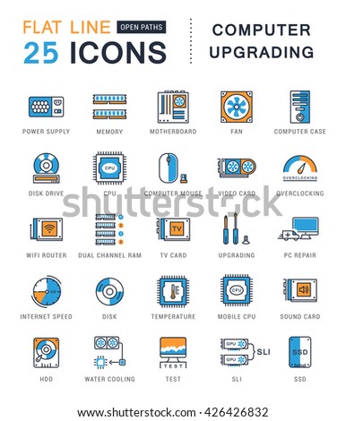 Set vector line icons with open path upgrading computer and hardware, overclocking, cooling, test cpu and gpu with elements for mobile concepts and web apps. Collection modern infographic logo