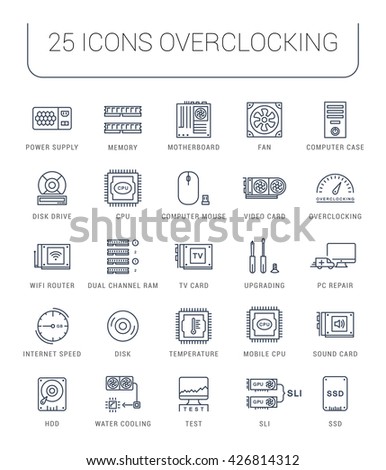 Set vector line icons with open path upgrading computer and hardware, overclocking, cooling, test cpu and gpu with elements for mobile concepts and web apps. Collection modern infographic logo