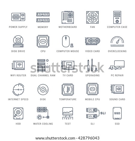 Set vector line icons with open path upgrading computer and hardware, overclocking, cooling, test cpu and gpu with elements for mobile concepts and web apps. Collection modern infographic logo