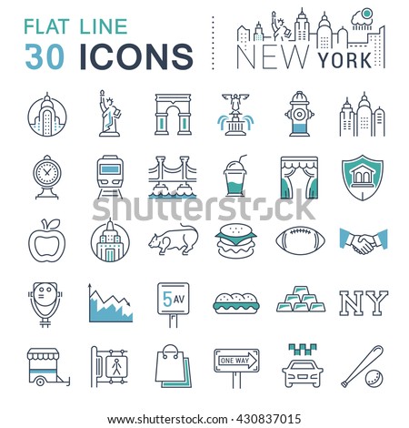 Set vector line icons in flat design New York and USA with elements for mobile concepts and web apps. Collection modern infographic logo and pictogram.