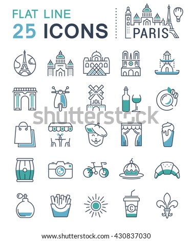 Set vector line icons in flat design Paris and France with elements for mobile concepts and web apps. Collection modern infographic logo and pictogram.