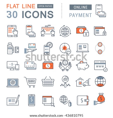 Set vector line icons in flat design online banking, payment and online shopping with elements for mobile concepts and web apps. Collection modern infographic logo and pictogram.