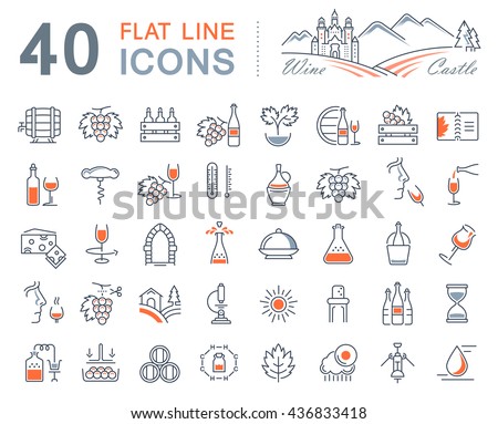 Set vector line icons in flat design wine making, grape cultivation, tasting, storage and sale of wine with elements for mobile concepts and web apps. Collection modern infographic logo and pictogram.