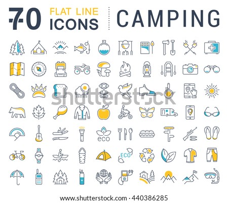 Set vector line icons in flat design camping, eco and ecotourism with elements for mobile concepts and web apps. Collection modern infographic logo and pictogram.