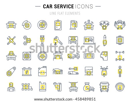 Set vector line icons with open path car service, auto repair and transport with elements for mobile concepts and web apps. Collection modern infographic logo and pictogram.