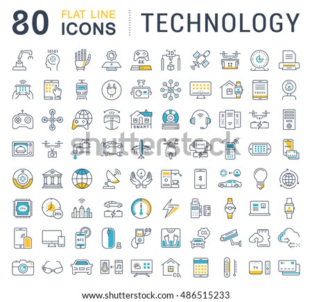 Set vector line icons in flat design technology, electric car, smart city, house , internet of things, online payment. Elements for mobile concepts. Collection modern infographic logo and pictogram.