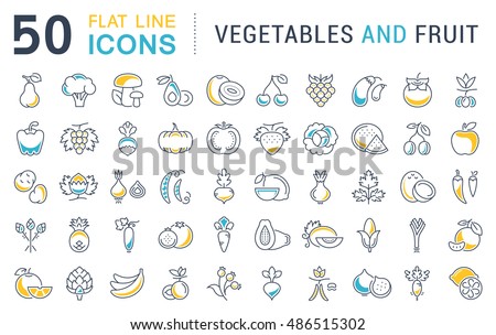 Set vector line icons in flat design Vegetable, Fruit and Healthy food with elements for mobile concepts and web apps. Collection modern infographic logo and pictogram.