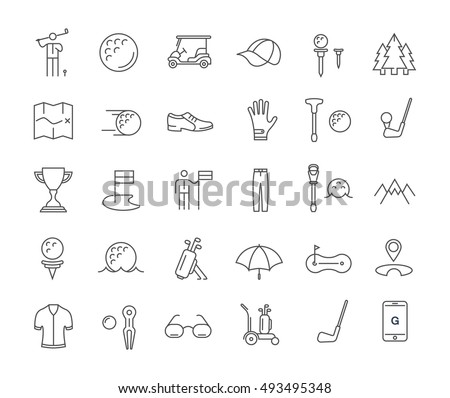 Set vector line icons with open path game golf and  equipments with elements for mobile concepts and web apps. Collection modern infographic logo and pictogram.