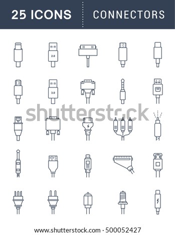 Electric plug, connectors and jack flat line icons set. Collection Connection technology, connector electric power, mobile devices connect, wire and socket