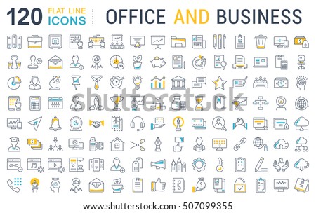Set vector line icons in flat design office and business with elements for mobile concepts and web apps. Collection modern infographic logo and pictogram.