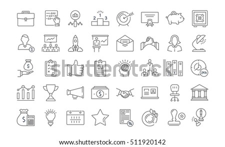 Set vector line icons startup and business in flat design with elements for mobile concepts and web apps. Collection modern infographic logo and pictogram.