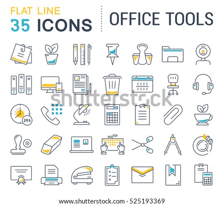 Set vector line icons in flat design office tools with elements for mobile concepts and web apps. Collection modern infographic logo and pictogram.