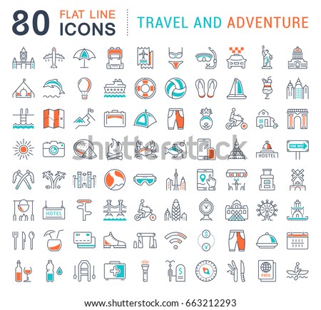 Set vector line icons, sign and symbols in flat design travel and adventure with elements for mobile concepts and web apps. Collection modern infographic logo and pictogram.