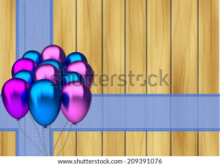 birthday card - blue and purple party balloons with blue ribbon on wooden background