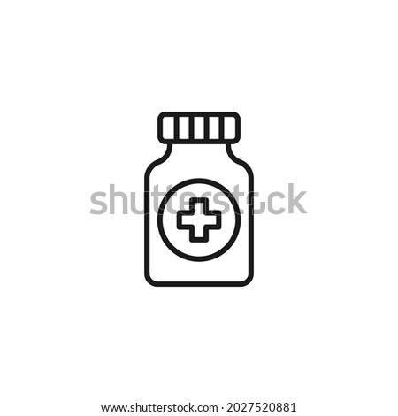 Occupation and profession concept. High quality outline symbol for web design or mobile app. Line icon of big pharmacy jar with lid and cross on sticker 