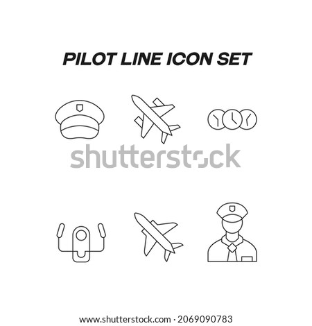 Pilot line icon set. Modern outline high quality illustration for banners, flyers and web sites. Editable strokes of pilots cap, aircraft, steering wheel, clock, airport
