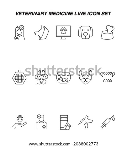 Veterinary and animal health concept. Collection of modern high quality veterinary line icons. Editable stroke. Premium linear symbols of veterinarian, dog in neck brace, teeth 