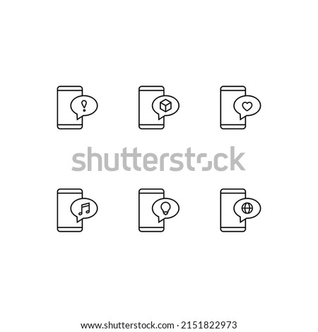 Outline symbol in modern flat style suitable for advertisement, books, stores. Line icon set with icons of exclamation, cube, heart, music note, bulb, globe inside of speech bubble on phone