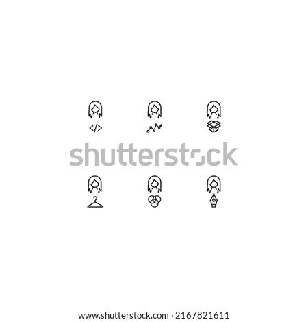 Line icon set with monochrome signs suitable for adverts, shops, stores, apps. Program code, progress line, coat hanger, intersected circles, pen tool next to woman 