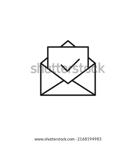 Post and letter monochrome sign. Outline symbol drawn with black thin line. Suitable for web sites, apps, stores, shops etc. Vector icon of checkmark on letter in envelope