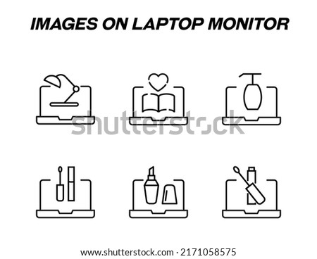Items on laptop monitor pack. Modern vector monochrome signs. Line icon set with icons of table lamp, heart, book, shampoo, lipstick, mascara on laptop monitor 
