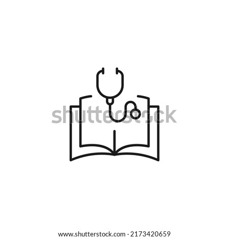 Encyclopedia, science, education signs. High quality symbol for stores, books, articles, sites. Editable stroke. Vector line icon of stethoscope over opened book 
