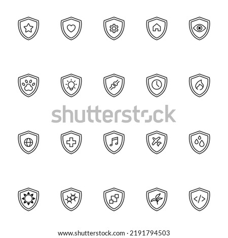 Shield, armor, protection line icon set. Vector symbol of star, heart, plain, gear, house, eye, drop, earth, dog paw, bulb, plant, bones, clock etc inside of shield of armor 