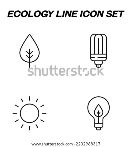 Simple monochrome signs drawn with black thin line. Vector line icon set with symbols of leaf, sun, light bulb as symbol of electricity and ecology  