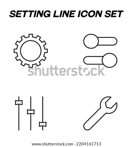 Simple monochrome vector symbols suitable for apps, books, stores, shops etc. Line icons set with signs of gear, cogwheel, wrench, on off, regulator 