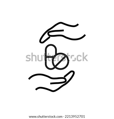 Support and gift signs. Minimalistic isolated vector image for web sites, shops, stores, adverts. Editable stroke. Vector line icon of medication or remedy between outstretched hands