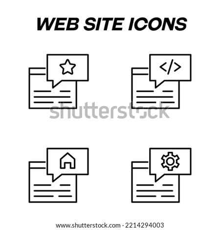 Monochrome signs in flat style for stores, shops, web sites. Editable stroke. Vector line icon set with symbols of star, programming, house, gear in box by web site 