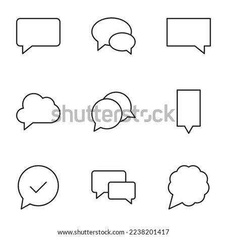 Collection of nine line icons of various speech bubbles in form of oval, rectangle, flower for shops, stores, adverts, apps, ui. Minimalistic editable strokes