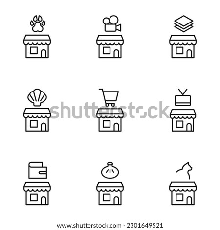 Vector outline signs and symbols drawn in flat style with black thin line. Editable strokes. Line icons of paw, cinema, movie, camera, paper, seashell and other items over shop 