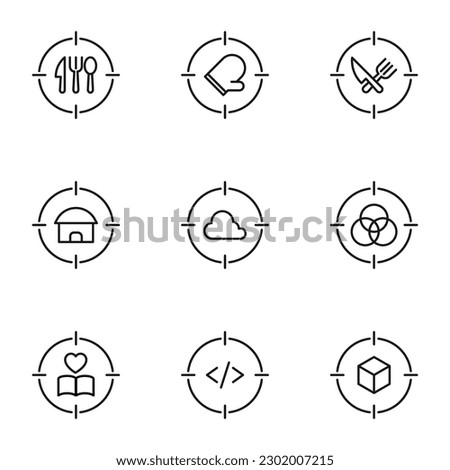 Vector outline signs and symbols drawn in flat style with black thin line. Editable strokes. Line icons of kitchen utensil, mitten, cloud, intersected circles, cube 