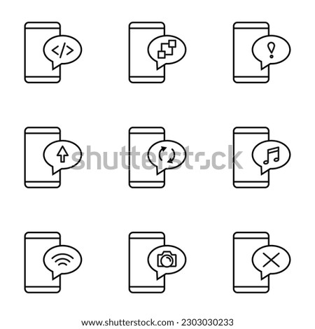 Vector outline signs and symbols drawn in flat style with black thin line. Editable strokes. Line icons of programming, developing, exclamation in bubble by phone 