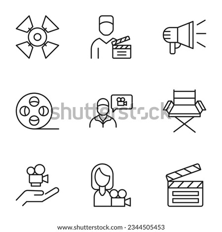 Pack of isolated vector symbols drawn in line style. Editable stroke. Icons of studio light, actor, loud speaker, actress, camera, clapping board 