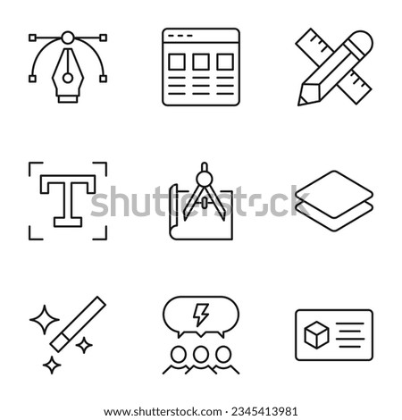 Pack of isolated vector symbols drawn in line style. Editable stroke. Icons of pen, landing page, liner and pencil, t letter, compass, document, staff, business card 